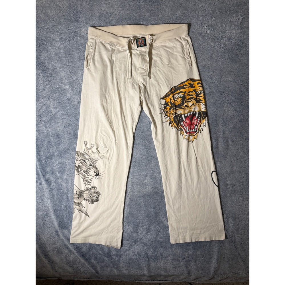 Ed Hardy Vintage Tiger Panther Graphic Sweatpants Cream Mens XL